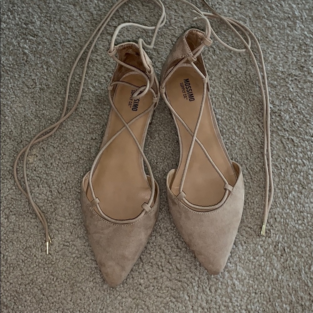 Beige suede pointed tie up flats